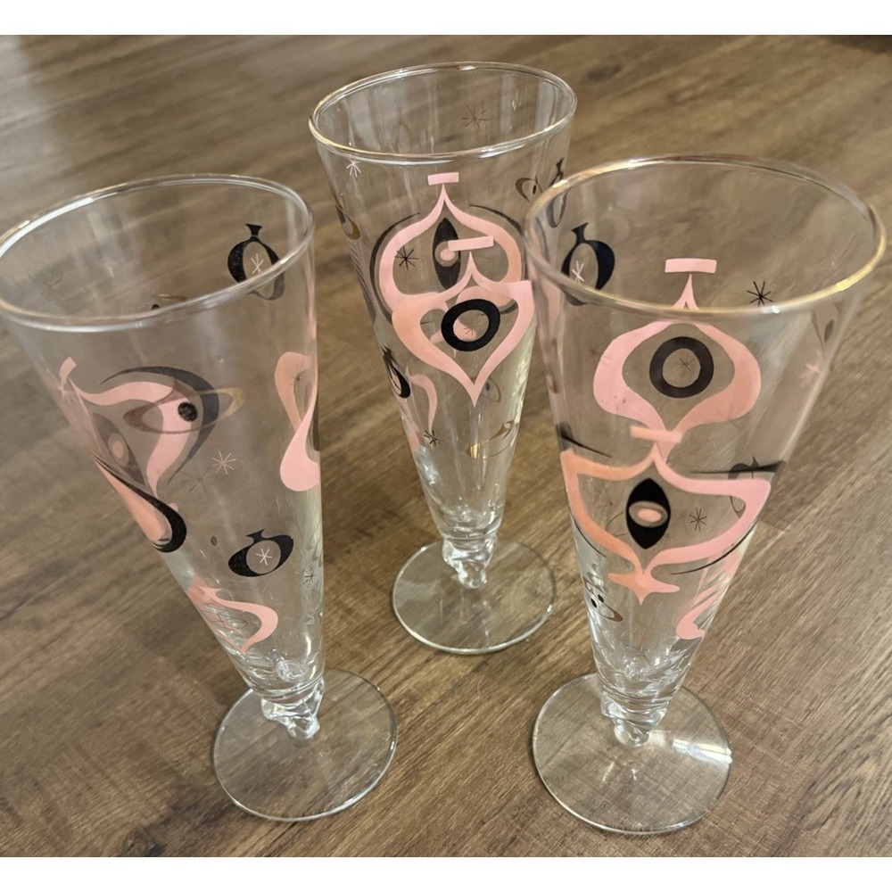 Vintage MCM Libbey Seville Atomic Pilsner Glasses Pink Black Gold Set of 3 Retro